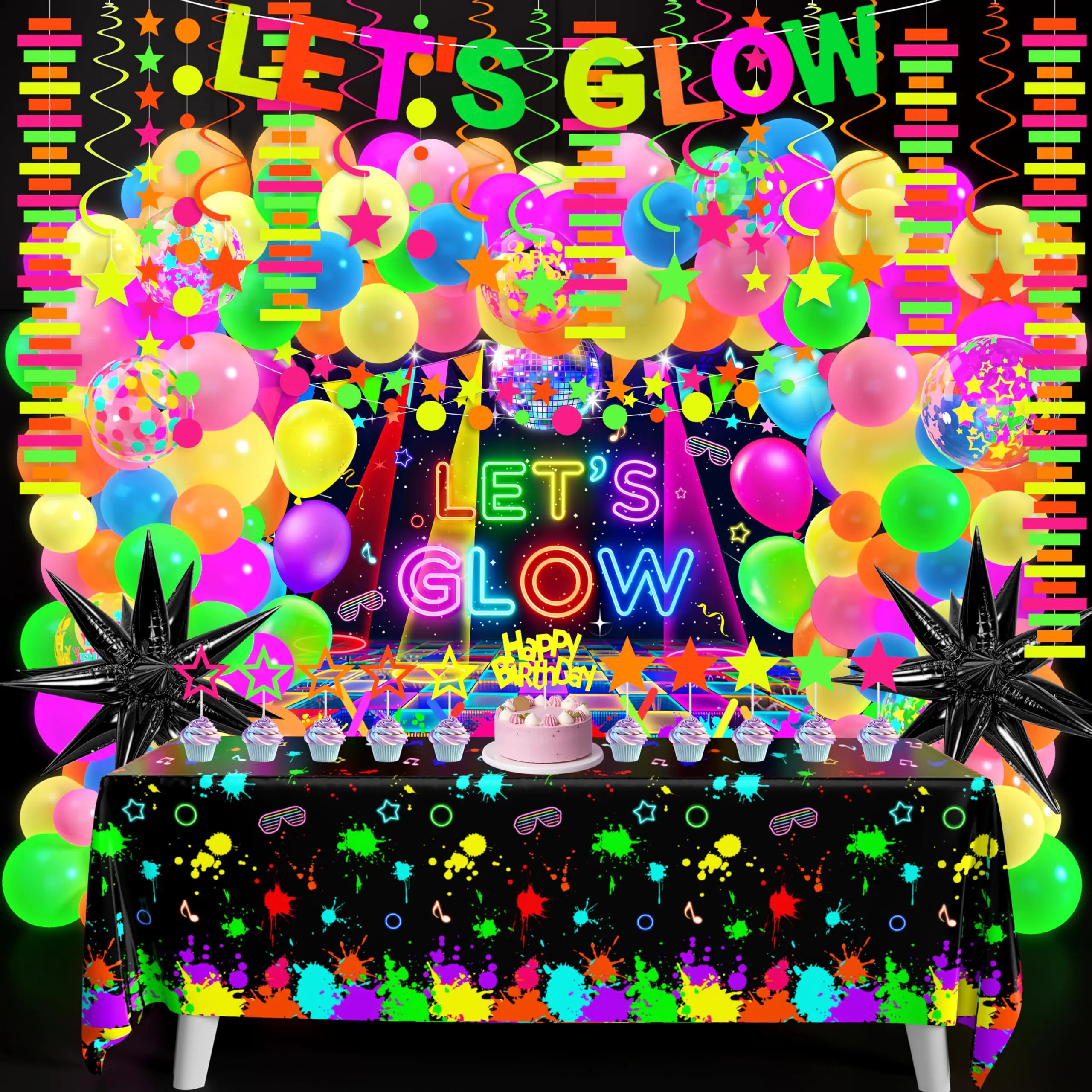 Neon Birthday Party Decoration Glow in the Dark Set – Let’s Glow Backdrop, Fluorescent Balloons, Garland Arch Kit, Black Light Reactive Tape & Streamers for Neon Party Supplies