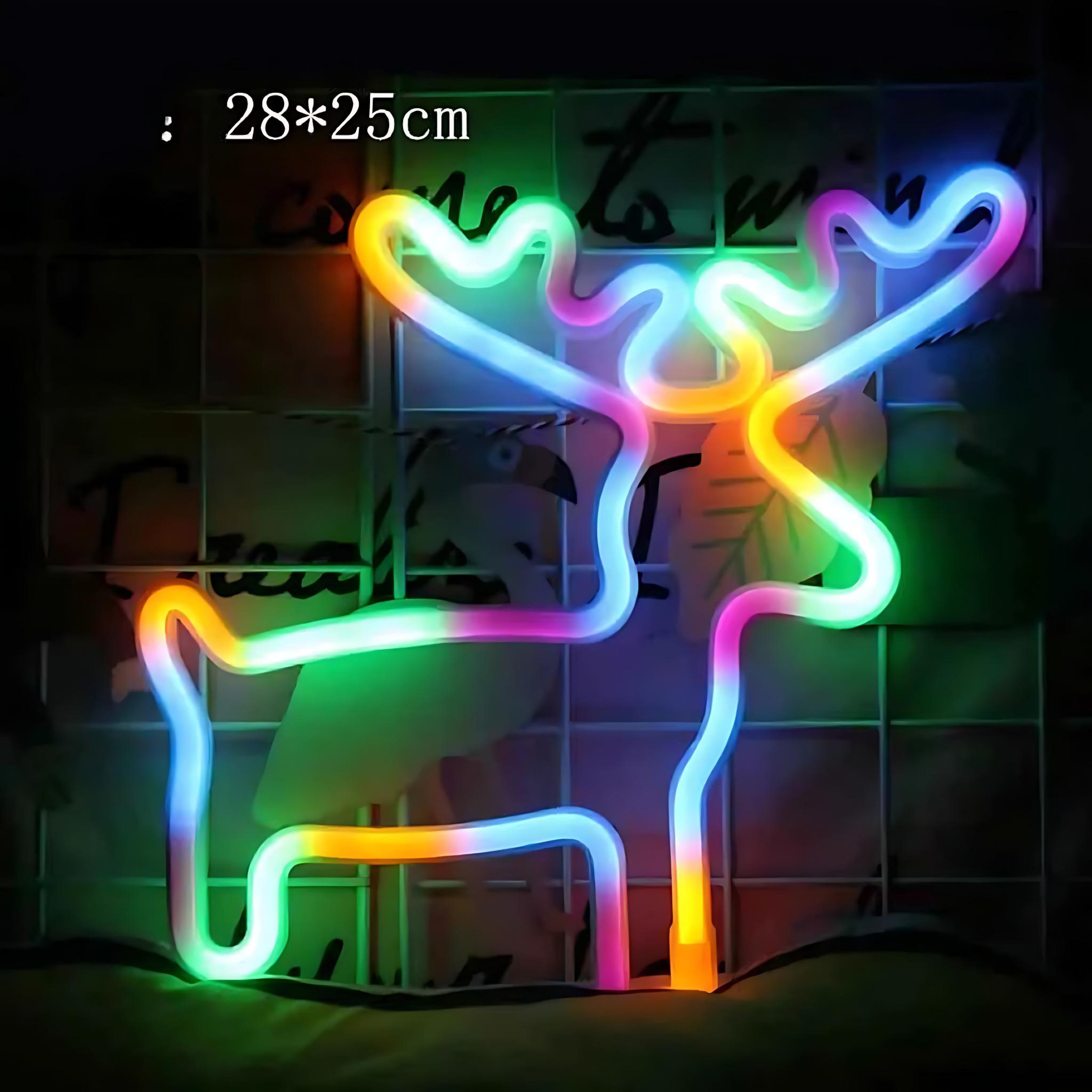 Colorful neon LED light shaped like a reindeer