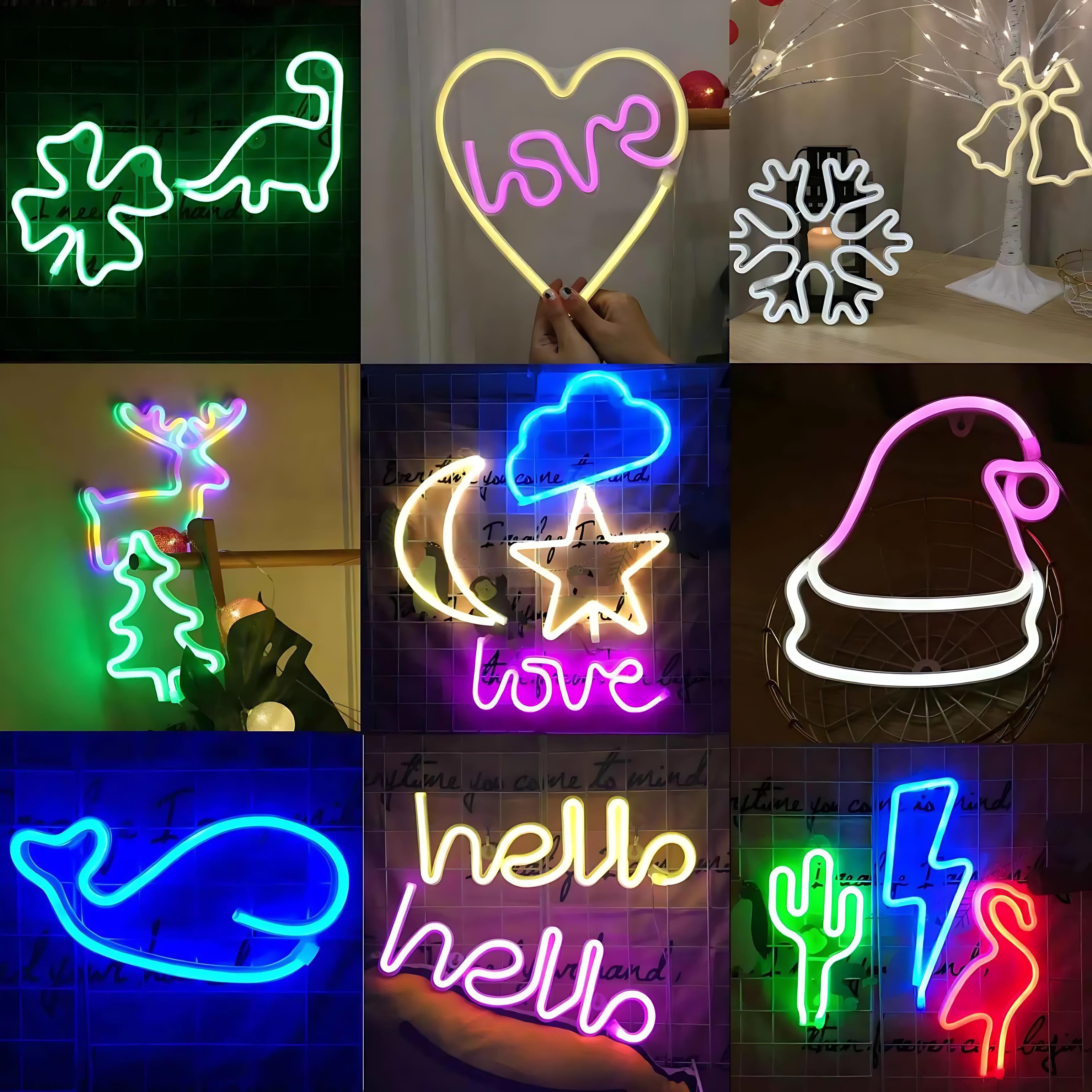 Collage of colorful LED neon lights including cactus, love, whale, hello and other shapes