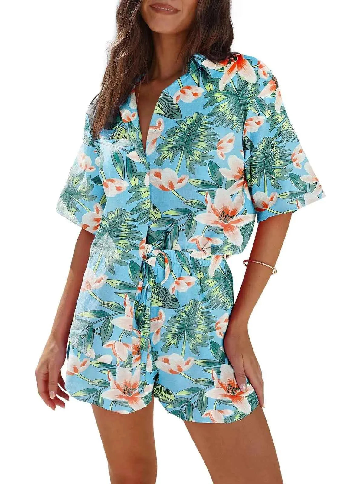 Brosloth Womens Shorts Sets 2 Piece Outfits Summer Lounge Sets Floral Tropical Blouse and Shorts for Beach Vacation Casual Blue L