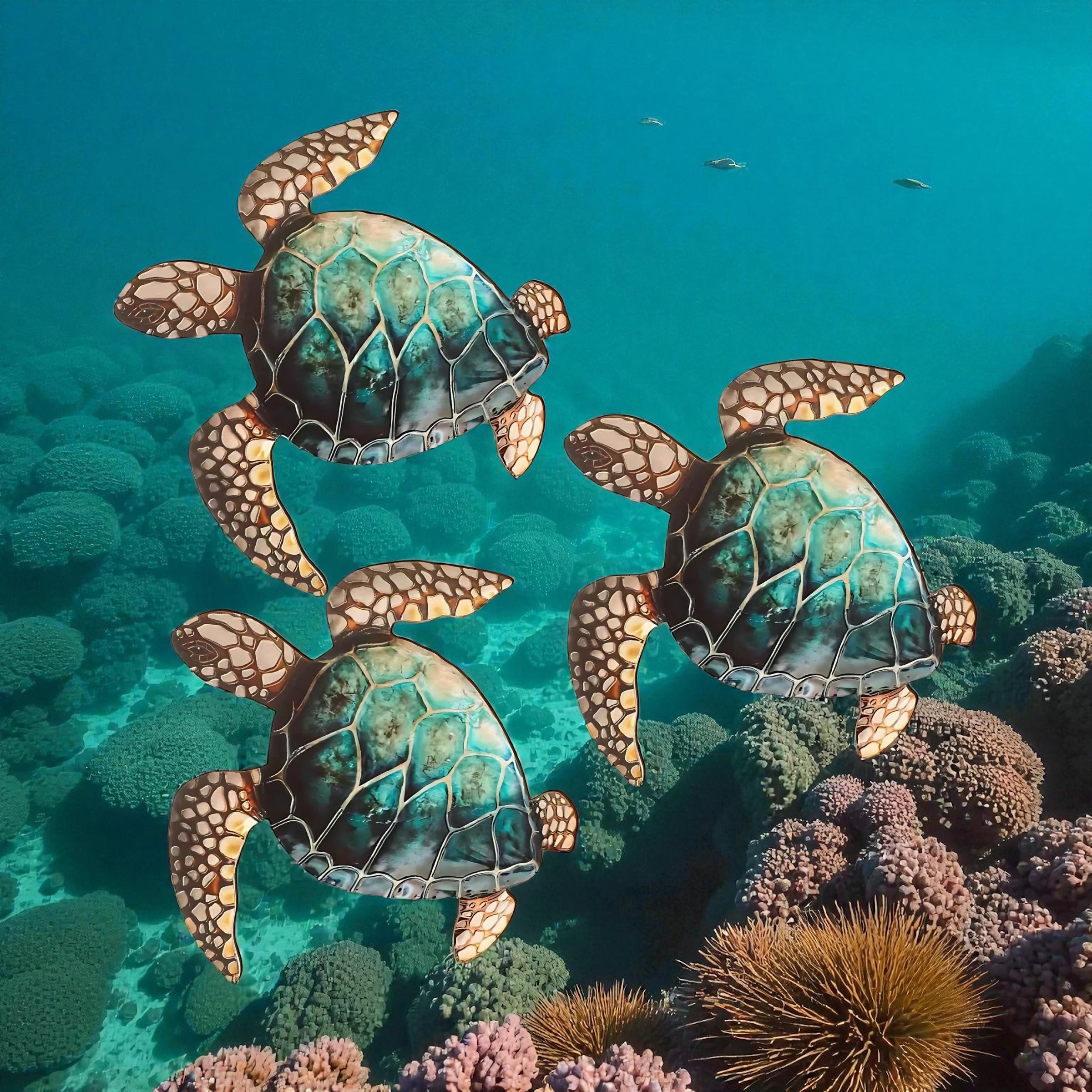 Teal sea turtles swimming above colorful coral formations in turquoise water
