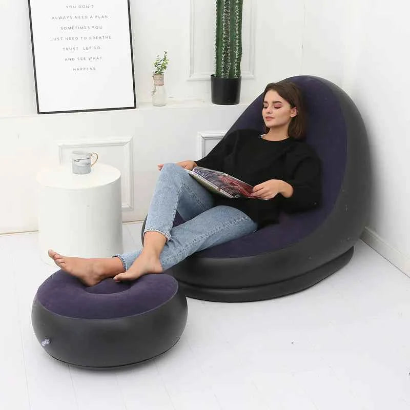 Thick Inflatable Lazy Sofa with Footstool – Comfortable Portable Lounge Chair for Indoor & Outdoor Relaxation | Air Couch with Ottoman