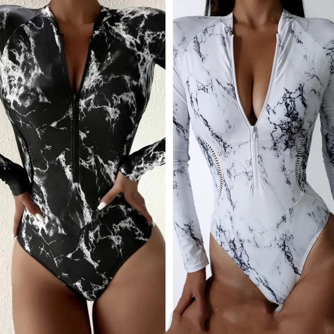 Surf Luxe – Long Sleeve Zipper Swimsuit (UV Protection One-Piece) (Available in Marble Black & Ocean White)