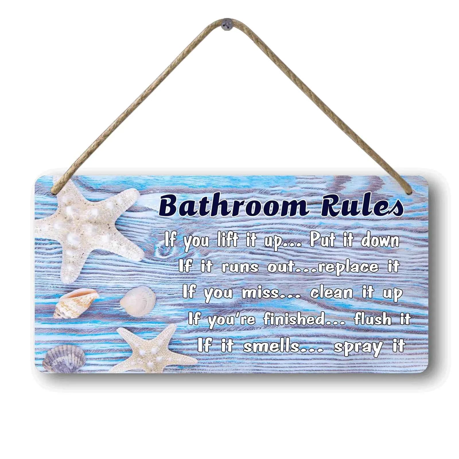 Beach Bathroom Wall Decor | Ocean Themed Wood Sign “Bathroom Rules” (12×6 in)