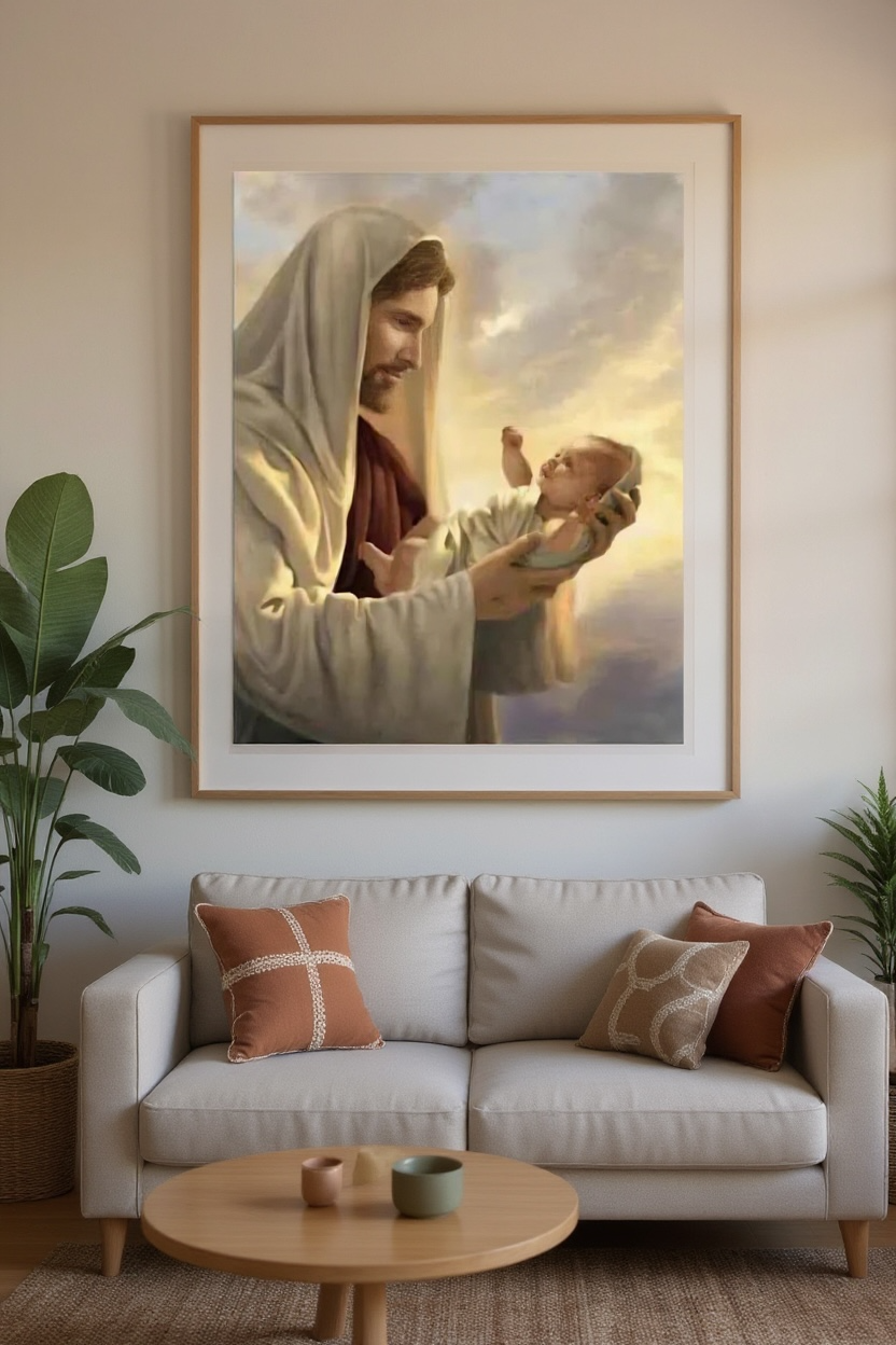 Framed diamond painting of Jesus holding a baby, displayed above a modern beige sofa in a cozy living room.