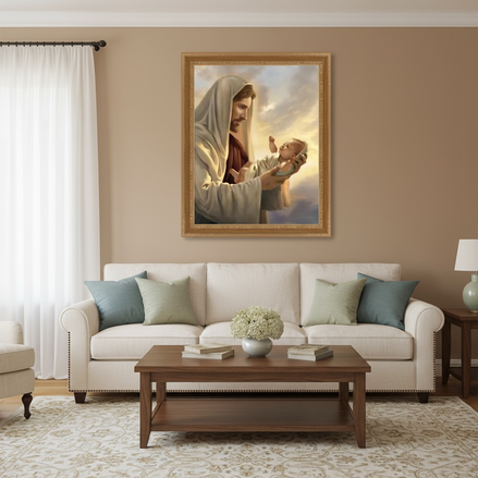 Framed diamond painting of Jesus with a baby, centered above a beige sofa in a warmly decorated living room.