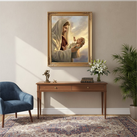 Large framed diamond painting of Jesus holding a baby, hung above a wooden console table with flowers and décor.
