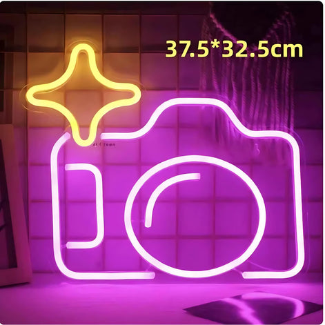 Pink neon LED light shaped like a camera outline