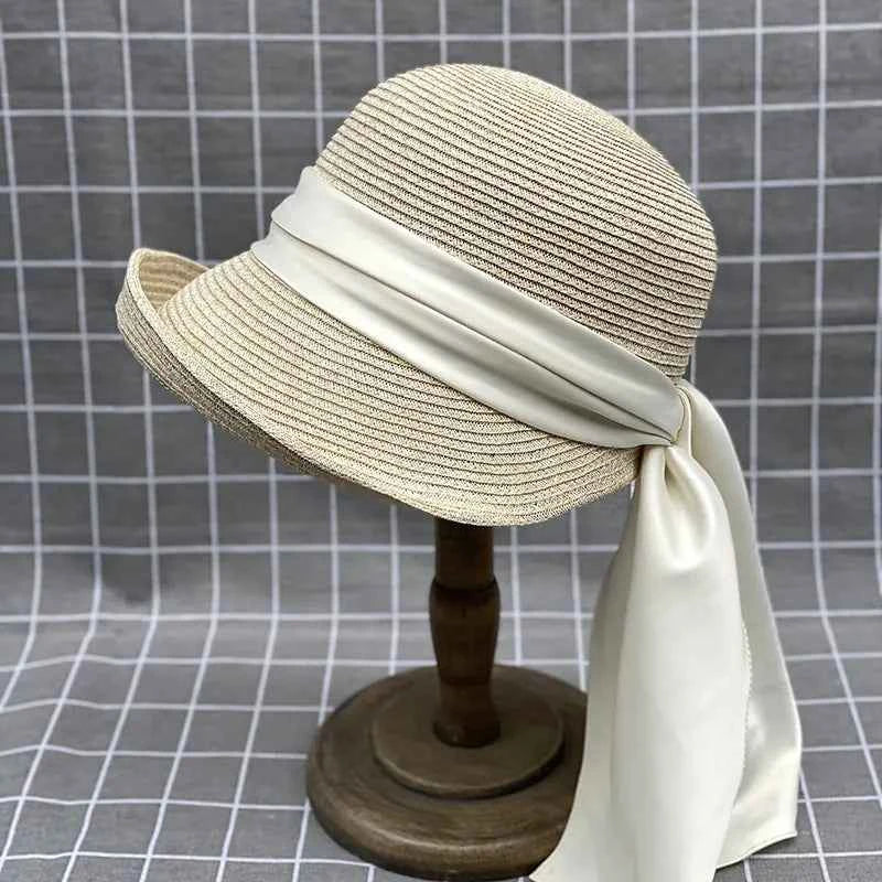 Japanese Style Satin Ribbon Bucket Hat | Elegant Summer Straw Sun Hat for Women