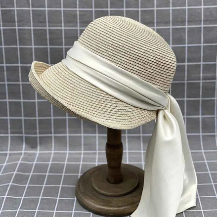 Japanese Style Satin Ribbon Bucket Hat | Elegant Summer Straw Sun Hat for Women
