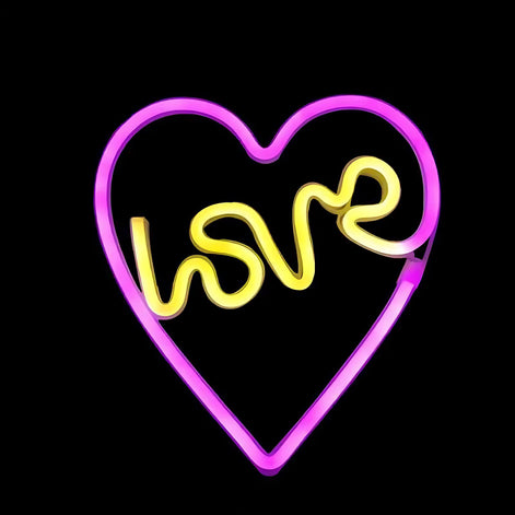 Purple heart neon light with the word love in yellow
