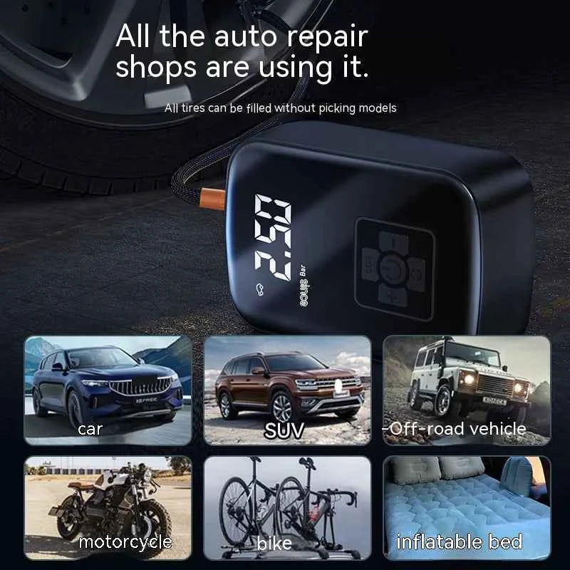 Portable Wireless Car Air Pump – Digital Display Tire Inflator for Car, Bike, Motorcycle & Ball | 100W USB Rechargeable Air Compressor