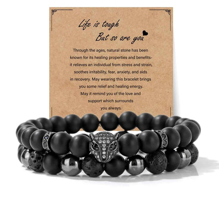 Black Obsidian Men's Bracelet with Leopard Head & Triple Protection