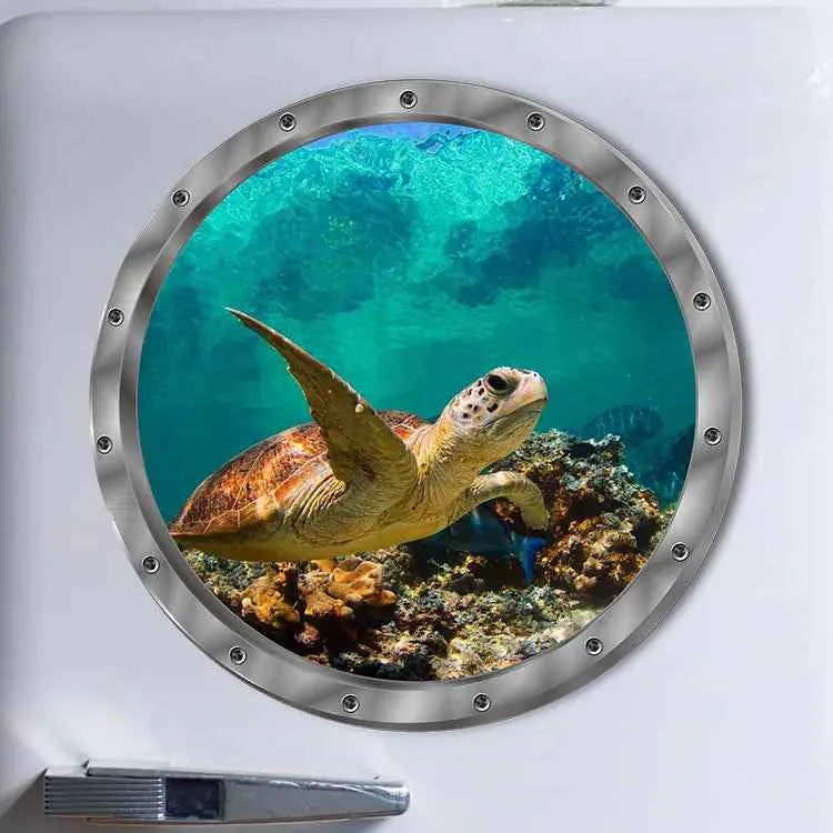 Realistic underwater turtle porthole decal on white wall, ocean reef background