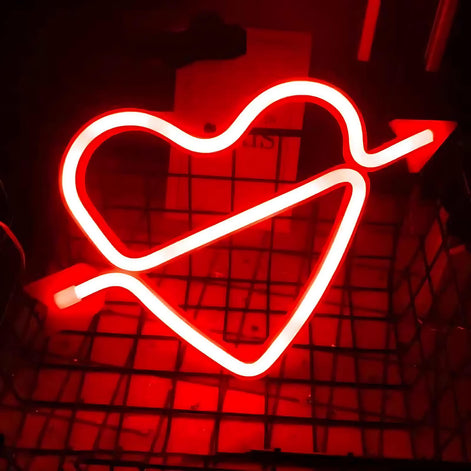 Red neon LED heart with arrow decorative light