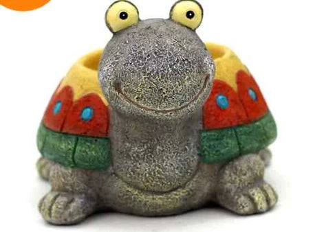 Gray resin turtle succulent planter with colorful shell, handmade decorative pot
