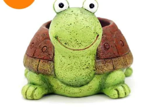 Green resin turtle planter with succulents, indoor and garden decorative pot
