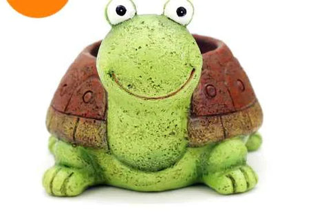 Green resin turtle planter with succulents, indoor and garden decorative pot
