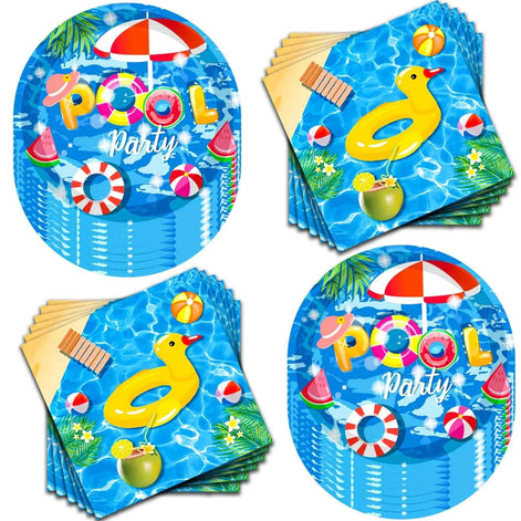 80 Pcs Pool Party Supplies Set – Summer Pool Theme Tableware with 7” Plates & Napkins | Luau Beach Pool Birthday Party Decorations | Serves 40 Guests