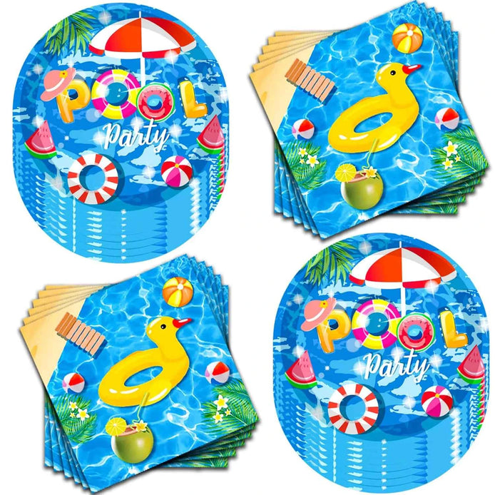 80 Pcs Pool Party Supplies Set – Summer Pool Theme Tableware with 7” Plates & Napkins | Luau Beach Pool Birthday Party Decorations | Serves 40 Guests
