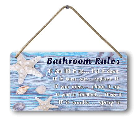 Beach Bathroom Wall Decor | Ocean Themed Wood Sign “Bathroom Rules” (12×6 in)