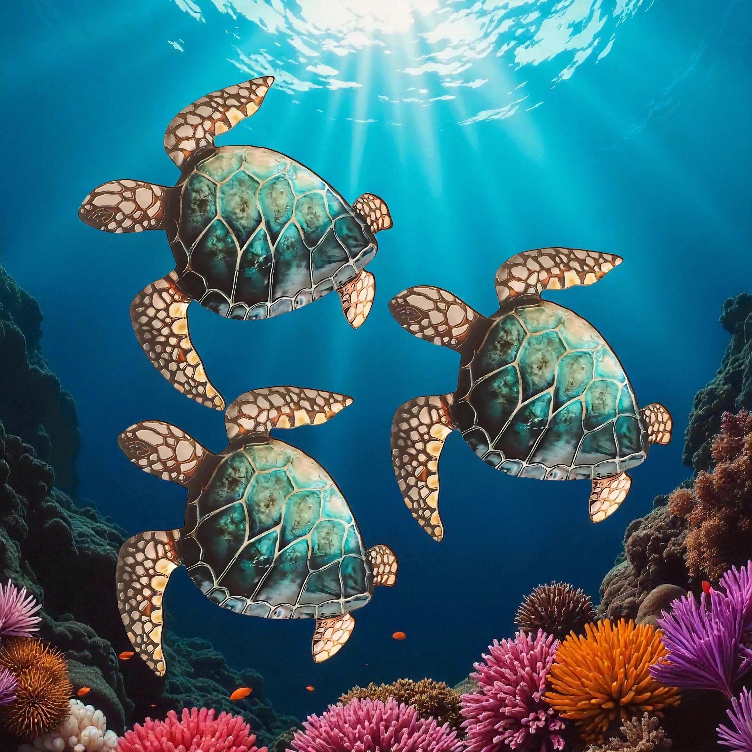 Three teal sea turtles swimming above coral reefs in bright ocean water
