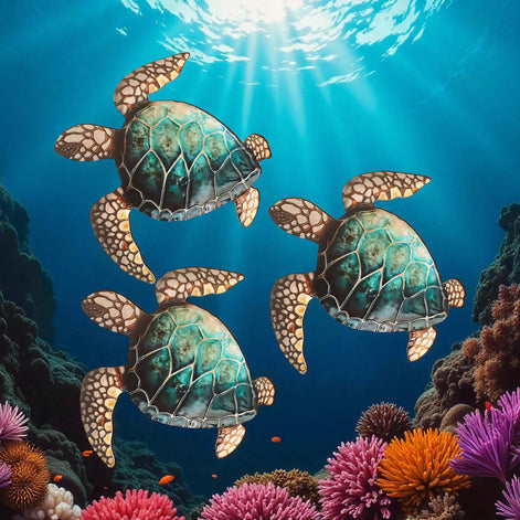 Three teal sea turtles swimming above coral reefs in bright ocean water