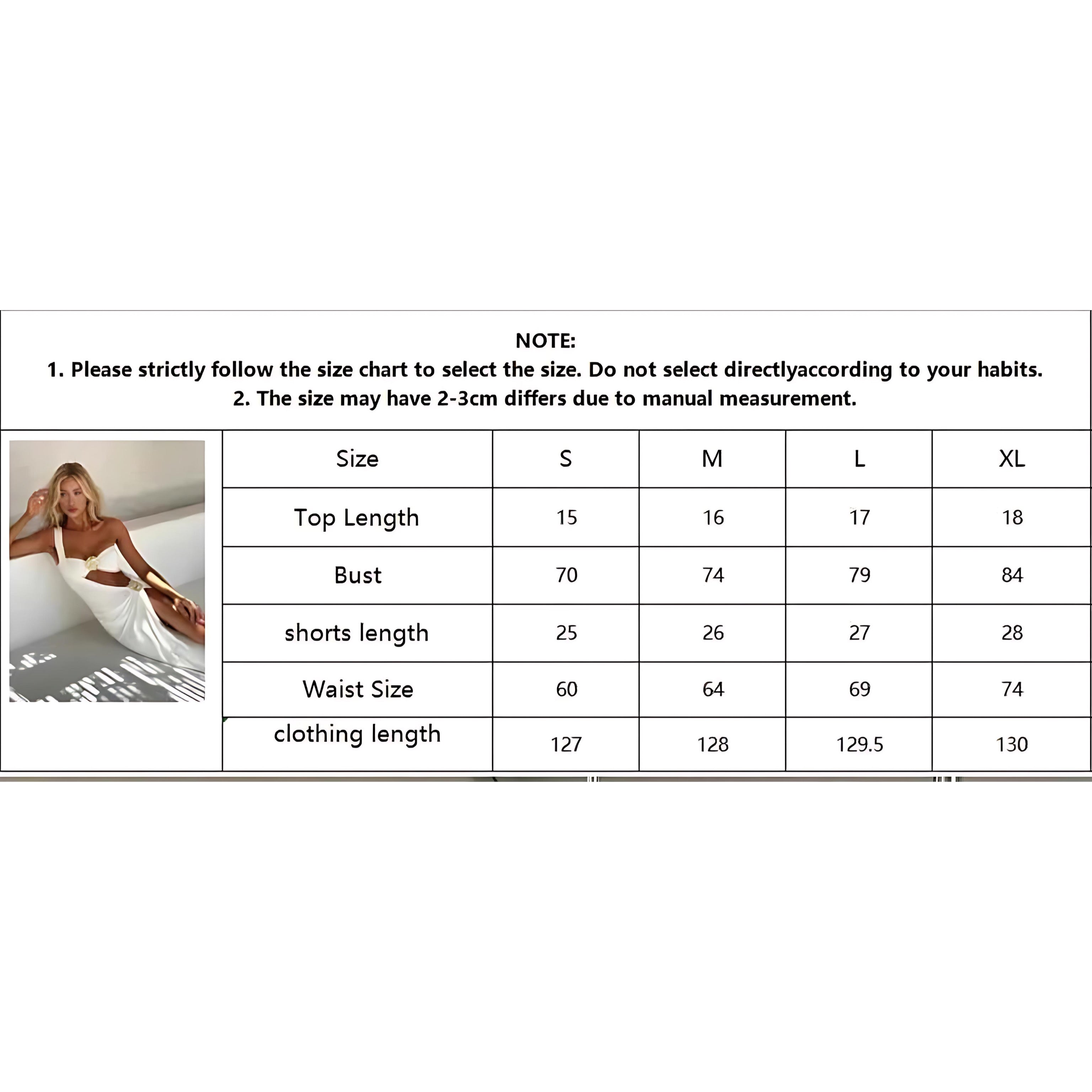 Size chart for the Metal Decor 3-Piece Bikini Set showing measurements and sizing details
