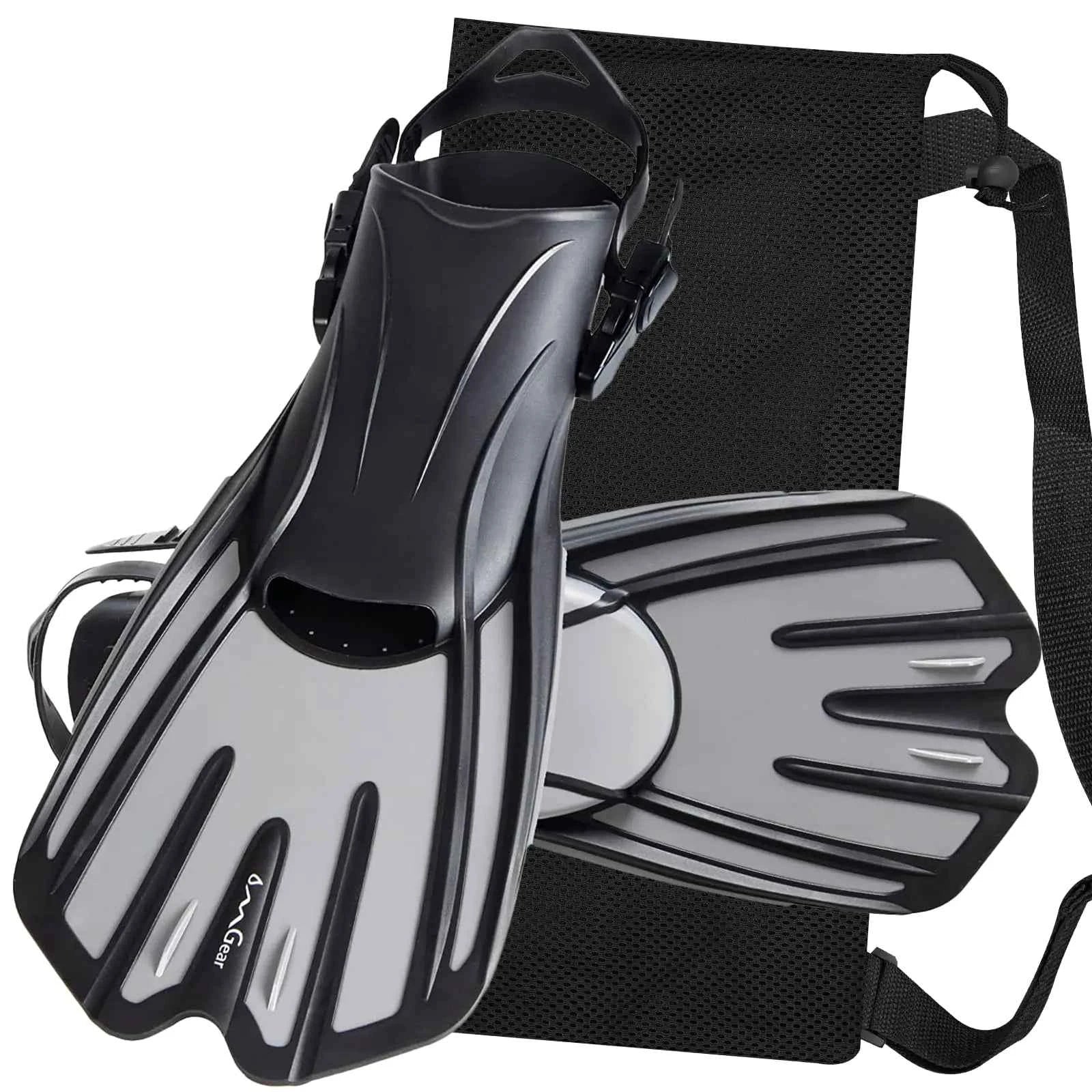 OMGear Short Swim Fins for Adults – Adjustable Snorkel Flippers for Swimming, Diving & Snorkeling | Compact Travel Size with Mesh Bag (Grey, S/M)
