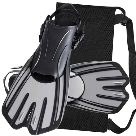 OMGear Short Swim Fins for Adults – Adjustable Snorkel Flippers for Swimming, Diving & Snorkeling | Compact Travel Size with Mesh Bag (Grey, S/M)