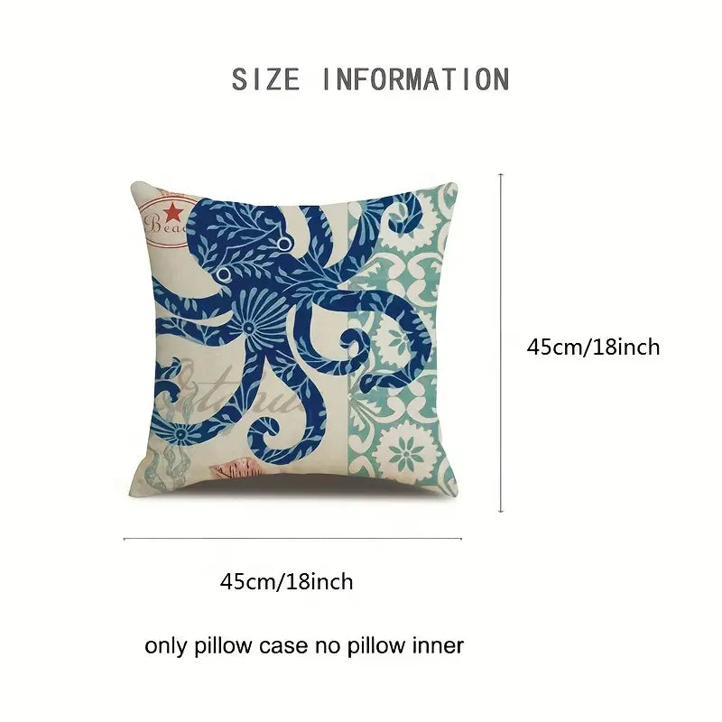 Ocean Theme Cotton Linen Cushion Covers – Coastal Starfish, Shell, Jellyfish, Snail, Octopus & Conch