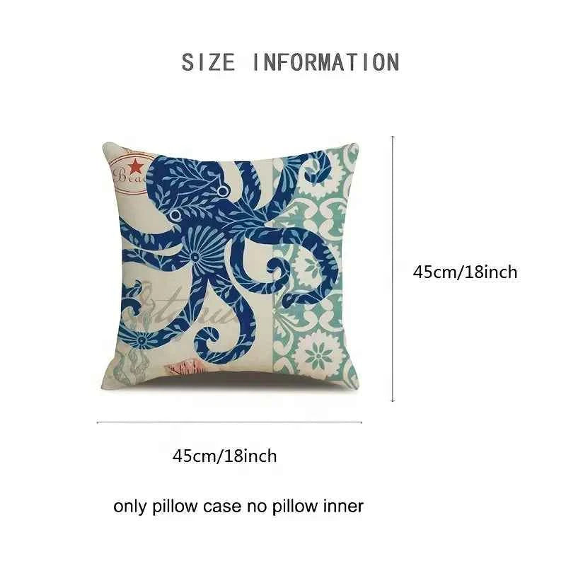 Ocean Theme Cotton Linen Cushion Cover – Coastal Starfish, Shell, Jellyfish, Octopus, Snail & Conch (18×18 in, Cover Only)