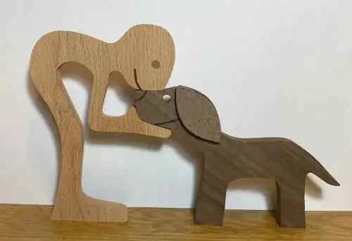 Wood Dog Sculpture – Handmade Wooden Figurine | Human & Dog Friendship Home Decor Gift for Pet Lovers