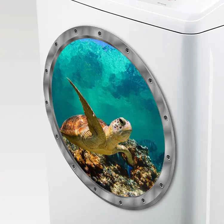 Undersea turtle sticker with porthole frame on side of washing machine, ocean underwater scene