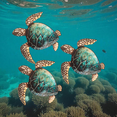 Three sea turtles swimming together in shallow clear blue ocean water
