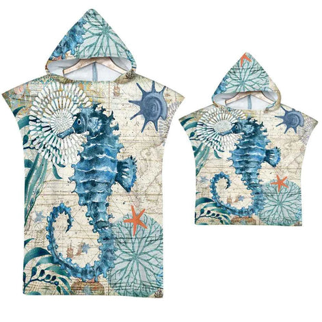 Ocean Print Hooded Beach Towels Family Pack – Soft, Absorbent & Quick-Dry Microfiber Poncho Towels for Kids & Adults