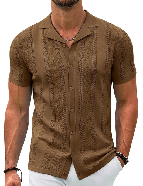 Men’s Vintage Knitted Shirt | COOFANDY Contrast Short Sleeve Button-Down Polo – Casual Summer Beach Top in Browns