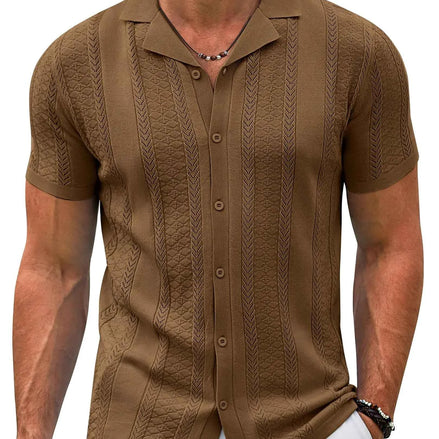 Men’s Vintage Knitted Shirt | COOFANDY Contrast Short Sleeve Button-Down Polo – Casual Summer Beach Top in Browns