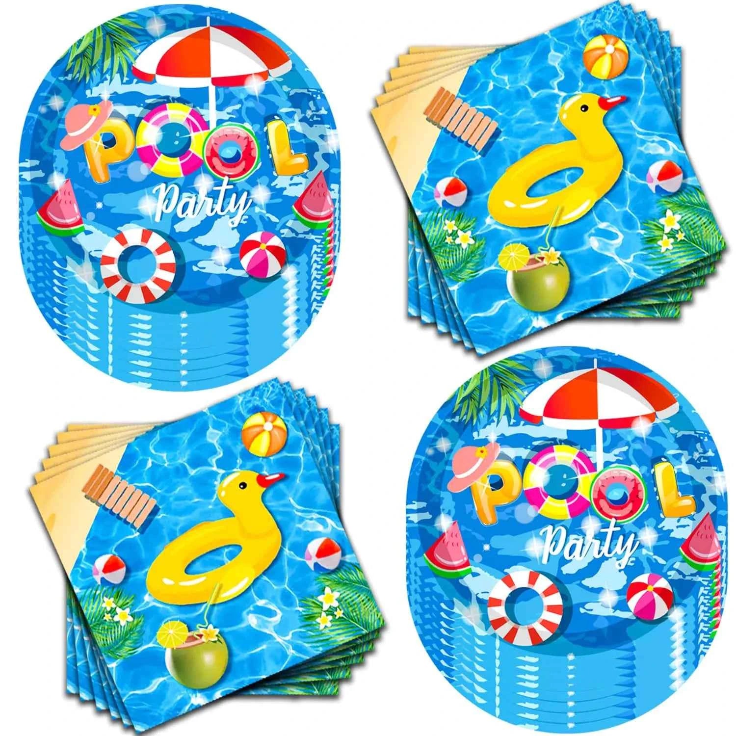 80 Pcs Pool Party Supplies Set – Summer Pool Theme Tableware with 7” Plates & Napkins | Luau Beach Pool Birthday Party Decorations | Serves 40 Guests