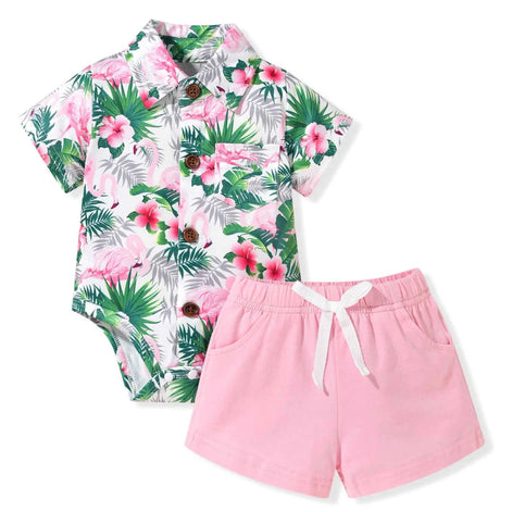 MINIFEIKO 12-18 Months Baby Boy Hawaiian Outfit Beach Infant Shorts Set Clothes for Summer Flamingo