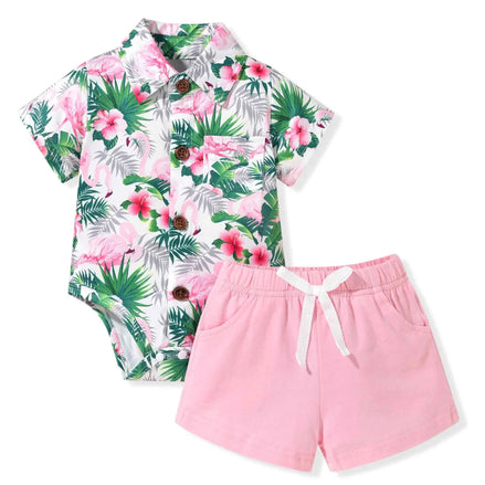 MINIFEIKO 12-18 Months Baby Boy Hawaiian Outfit Beach Infant Shorts Set Clothes for Summer Flamingo