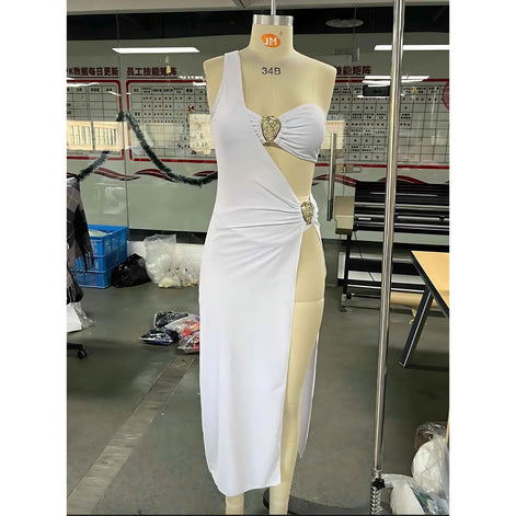 White bikini tube top, bottom and long cover-up skirt displayed on mannequin