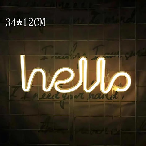 White neon hello sign on grid background