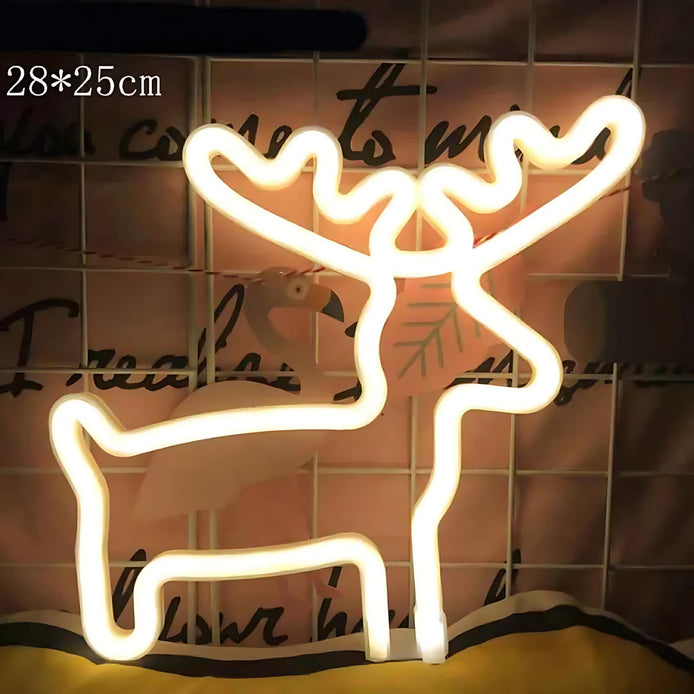 White neon LED light shaped like a reindeer for holiday decor