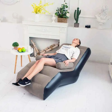 Portable Inflatable Lazy Sofa – Lightweight S-Shaped Lounge Chair for Indoor & Outdoor Relaxation (Flocking PVC, Pink & Brown)