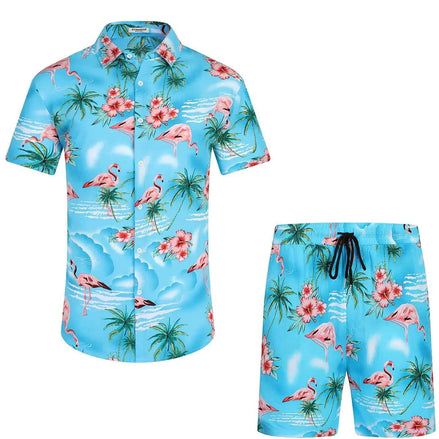 EISHOPEER Mens Hawaiian Outfits Short Sleeve Shirt and Shorts Casual Beach Vacation Sets Lake Blue Medium