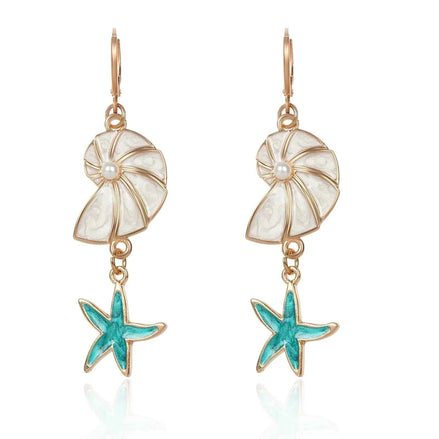 Blue Starfish & Seashell Dangle Earrings – Boho Ocean-Inspired Jewelry