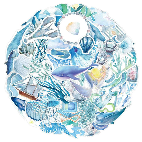 Yoksas 50pcs Ocean Stickers Set – Blue Beach Waterproof Vinyl Marine Life Decals for Water Bottles, Laptops, Scrapbooking & DIY Crafts