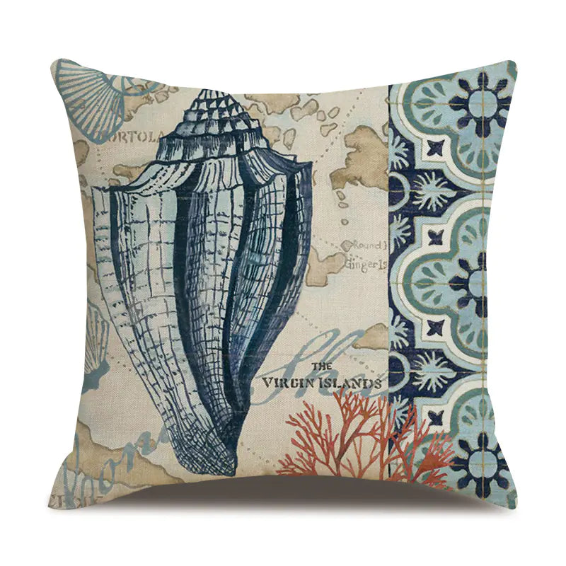 Ocean Theme Cotton Linen Cushion Covers – Coastal Starfish, Shell, Jellyfish, Snail, Octopus & Conch