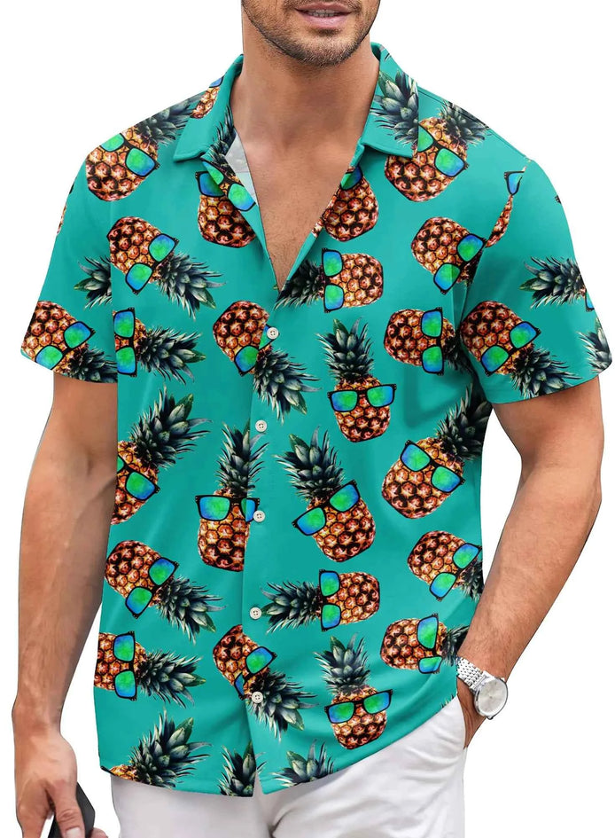 Men’s Hawaiian Pineapple Print Shirt | Funny Summer Button-Down Beach Vacation Shirt – Casual Tropical Top